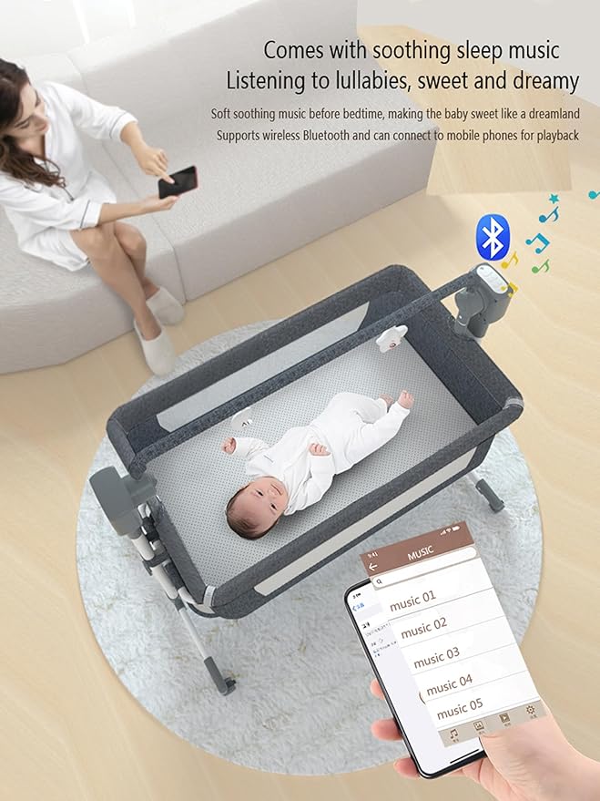 Electric Bluetooth Smart Next to Me Crib, Bassinet Cradle with Lullaby Music, Baby Bedside Crib for Newborn, Baby Co-Sleeper Cot with Mattress, Remote and 5 Swaying Gears (MG601-Grey)