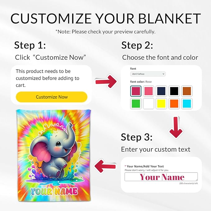 Personalized Blankets for Girls - 40" x 50" Inches Custom Elephant Throw Blankets Gifts - Soft Fuzzy Plush Throw for Couch, Bed