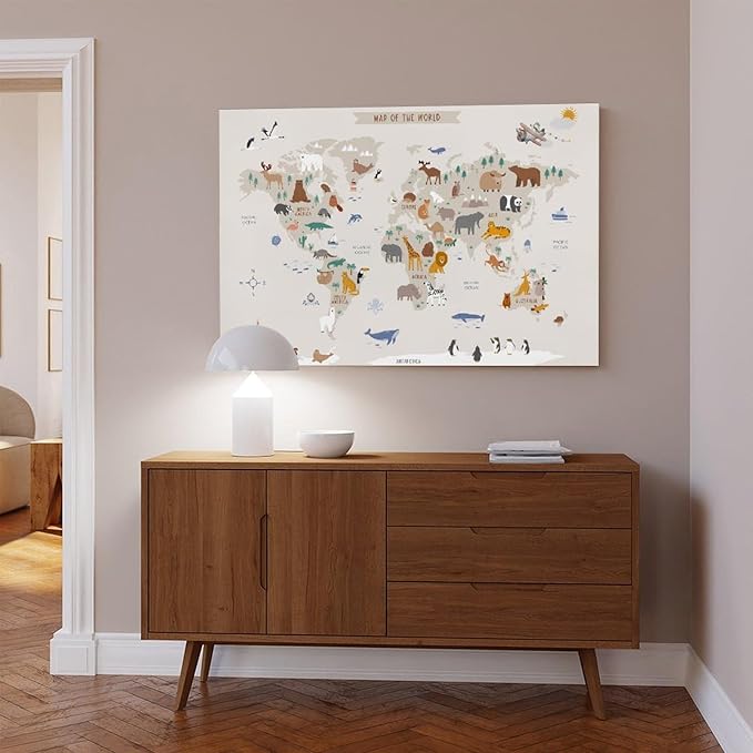 KIPNG Kids World Map - Playroom Animal World Map - Nursery Educational Poster Canvas Poster Wall Art Picture Paintings for Living Room Bedroom Decoration Unframe-style24x36inch(60x90cm)
