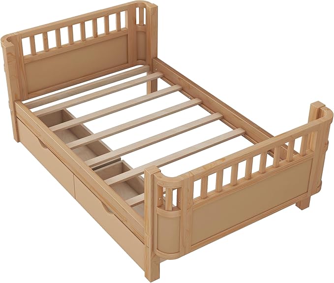 Twin Kids Bed with Storage Drawers & Rails, Wood Low Montessori Beds with Detachable Side Rails & Slats, Modern Daybed for Boys Girls Bedroom, Kids Twin Platform Bed, Natural