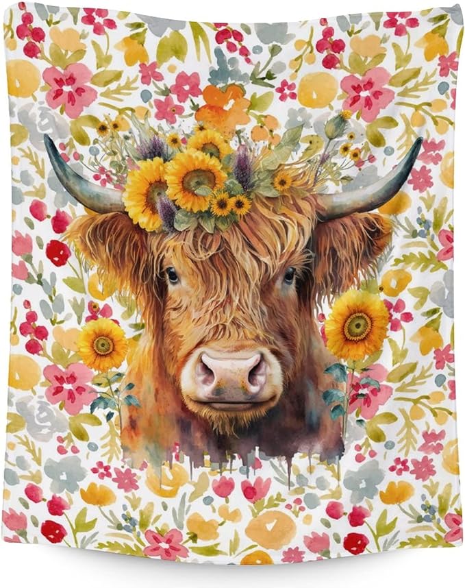 Highland Cow Blanket Gifts - 60x50 Inches Vintage Throw Blanket for Women, Girls - Colorful Soft Fuzzy Blankets for Bed Couch & Travel - Aesthetic Highland Cow Gift Idea
