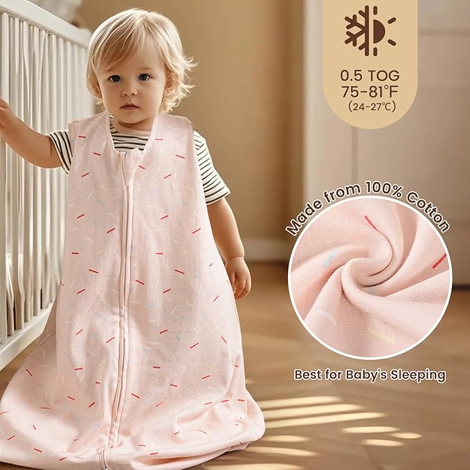 PHF Soft Baby Sleep Sack 18-24 Months 100% Organic Cotton Wearable Blanket, 2-Way Zipper 0.5 TOG Toddler Sleeping Sack 3 Pack, Comfy Sleep Bag for Baby Boys Girls, Ice Cream (X-Large)