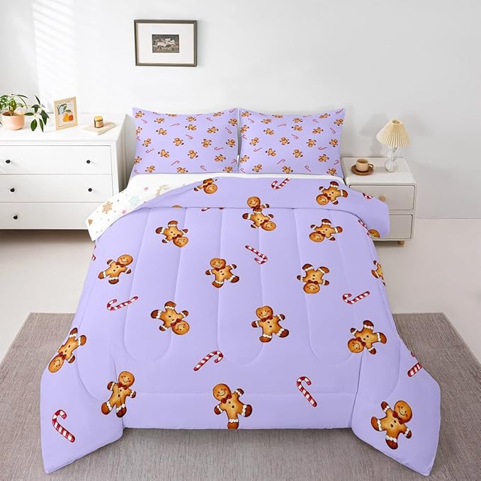 jejeloiu Kids Cute Gingerbread Man Comforter Set Twin Size Christmas Theme Bedding Set for Boys Girls Teens Xmas Candy Cane Happy New Year Purple Duvet Quilt Room Decor
