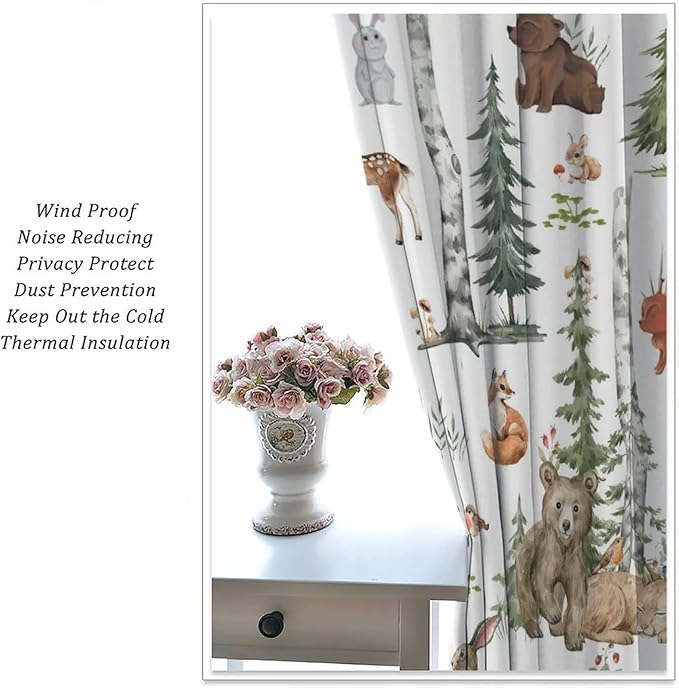 Animal Kids Curtains, Woodland Squirrel Rabbit Bear Animal Friends Forest Curtains for Boys and Girls Bedroom Living Room Kitchen 72x63in