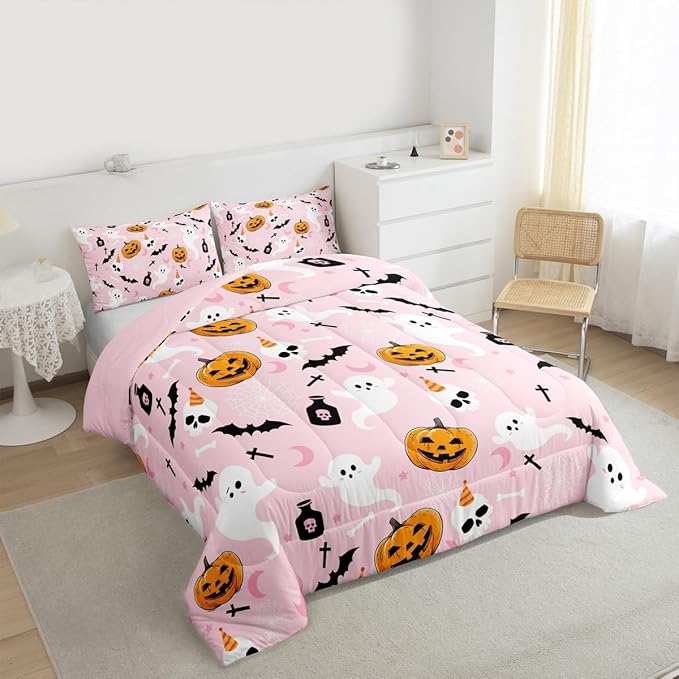 Erosebridal Pink Halloween Comforter Set Cute Ghost Bedding Set King Size,Spooky Pumpkin Bat Decor Quilt for Kids Boys Girls Adults Vintage Halloween Decorations Down Comforter