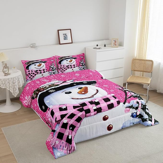 Feelyou Kids Christmas Theme Decorations Bedding Set Xmas Snowman Comforter Set for Boys Girls Snowflake Kawaii Cute Comforter Rose Red Quilt Set Bedroom Collection Toddler Size