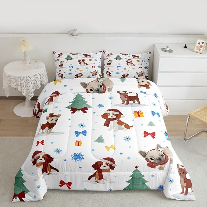 Feelyou Christmas Puppy Comforter Set All Season Festive Pet Bedding Set with 1 Pillow Cases Cute Dog Kids Twin Bedclothes Xmas Tree Snowflake Bedroom Decor Duvet Quilt Breathable Soft Lightweight