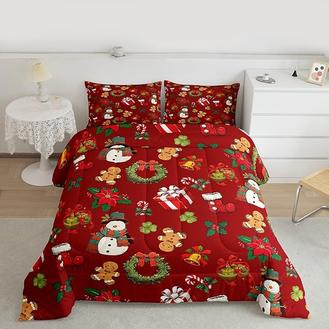 jejeloiu Merry Christmas Comforter Set Twin Size Cute Snowman Bedding Set for Kids Boys Girls Gingerbread Man Duvet Quilt Red Bedroom Decor