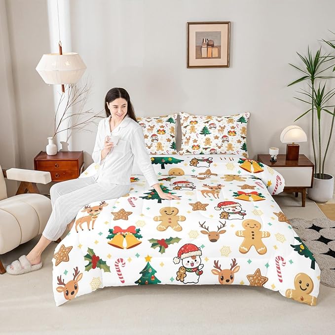 Feelyou Merry Christmas Comforter Set All Season Gingerbread Man Bedding Set with 2 Pillow Cases Cute Deer Microfiber Kids Full Bedclothes Christmas Tree Duvet Quilt Breathable Soft Lightweight