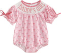 Newborn Baby Girl Romper Mamas Mini Bow Plaid Print Puff Sleeve Smocked Bubble Romper Jumpsuit Bodysuit Clothes
