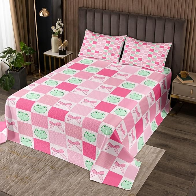 Manfei Cartoon Frog Kids Bedspread Twin Size,Pink Bowknot Bow Tie Butterfly Knot Coverlet Set,Girls Women Room Decor,Geometric Plaid Grid Patchwork Quilted Coverlet,Cute Bedding Quilt,1 Pillowcase