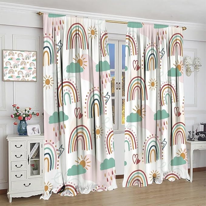 Kids Rainbow Curtains Boho Cartoon Colorful Stars Love Heart Lovely Abstract Art Pattern Print Window Drapes for Girl Bedroom Living Room Kitchen Decor,2 Panel Set,63Wx72H Inch Blackout
