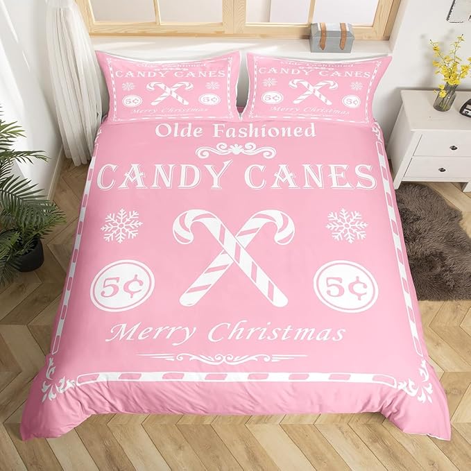 jejeloiu Christmas Bedding Set Full Size Kids Christmas Quote Comforter Cover Set for Boys Girls Teens Candy Canes Print Duvet Cover Xmas Bedspread Cover Room Decorations Pink White Quilt Cover