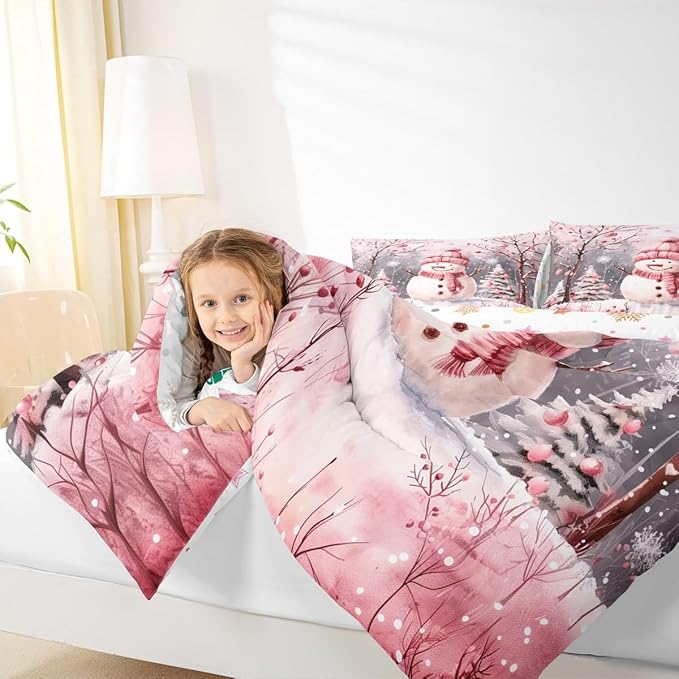 Feelyou Cute Snowman Comforter Set All Season Christmas Tree Bedding Set with 2 Pillow Cases Xmas Snowflake Microfiber Kids Full Bedclothes Pink Scarf Bedroom Decor Pink Winter Scene Duvet Quilt