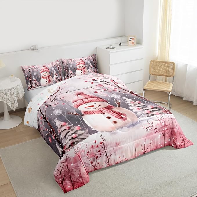 Feelyou Cute Snowman Comforter Set All Season Christmas Tree Bedding Set with 2 Pillow Cases Xmas Snowflake Microfiber Kids Queen Bedclothes Pink Scarf Bedroom Decor Pink Winter Scene Duvet Quilt