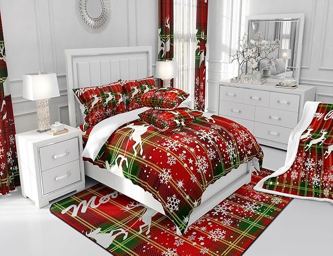 Manfei Christmas Duvet Cover Set Full Size, Deer and Snowflake Print Comforter Cover with 2 Pillowcases, Green Red Plaid Bedding Set 3pcs for Kids Boys Girls Lightweight Bedspread Cover,No Comforter