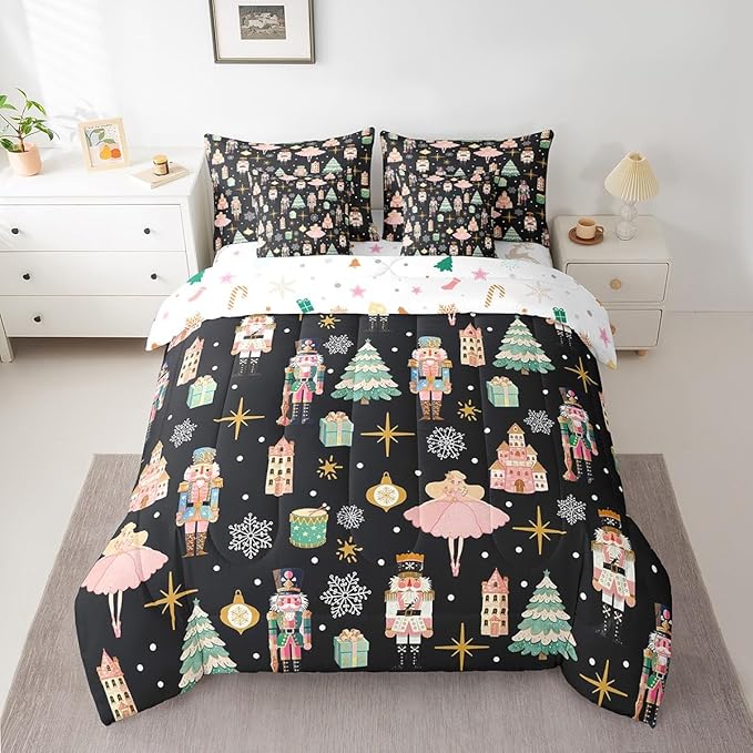Erosebridal 7Pcs Black Christmas Comforter Set King Size,Nutcracker Bedding Set,Xmas Snowflake Stars Bed in A Bag,Romantic Princess Castle Quilt with Flat Fitted Sheet