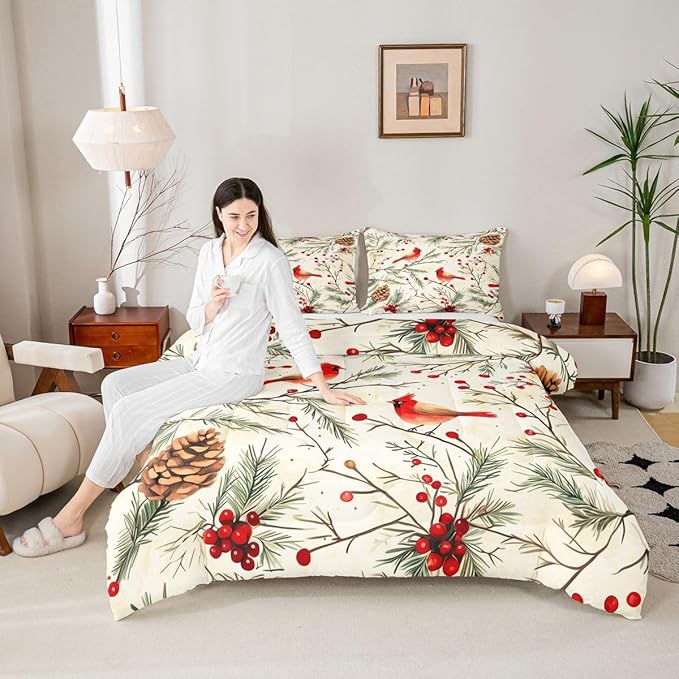 Feelyou Cardinal Bird Kids Comforter Set Twin Size Pine Branch Bedding Set Red Berry Duvet Quilt for Kids Boys Girls Bedroom Pine Cone Decor Winter Christmas Pattern Microfiber Ultra Soft Breathable