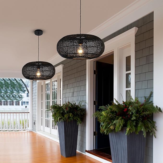 Rattan Pendant Light 15.75" 1-Light Hand-Woven Bamboo Rattan Hanging Lamp Large Globe Wicker Chandelier Modern Bohemian Adjustable Pendant Lamp for Kitchen Island Farmhouse Outdoor Porch Black.…