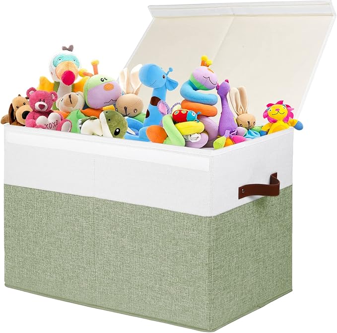 Large Toy Storage Box with Lid, Sturdy Toys Storage Chest Bin Organizer Basket with Dividers for Kids, Boys, Girls, Nursery, Closet, Bedroom, Playroom 25"x13" x16" (Green and White)