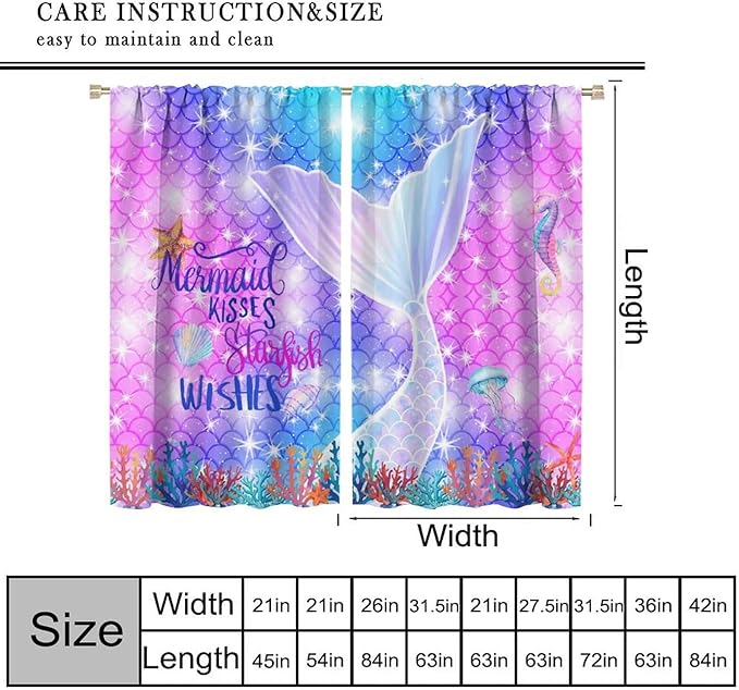 Kids Fantasy Mermaid Curtains Dream Colorful Mermaid Fish Tail Scale Fantasy Ocean Theme Window Treatment for Girls Bedroom Nursery Room Decor Window Drapes 55" W X 63" L
