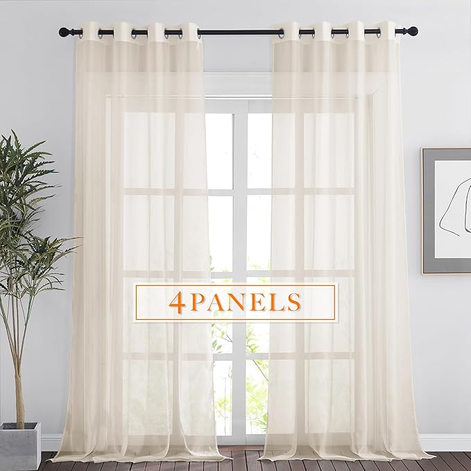 RYB HOME Khaki Sheer Curtains, Light Filtering Extra Long Grommet Top Elegant Window Panels, Airy & Breathable Voile Sheer Drapes for Large Window, Living Room, Bedroom, 54W by 96L, Set of 4