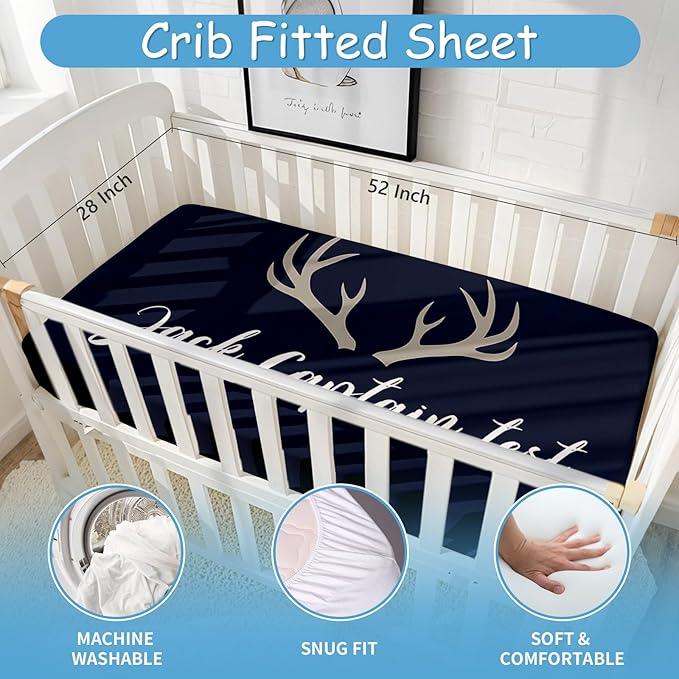 Custom Name Cirb Bedding Set - 5 Pcs Woodland Deer Baby Crib Set, Double Layer Blue Nursery Bedding Set for Baby Boys, Soft Flannel Baby Blanket, Toddler Infant New Parents Customized Gift