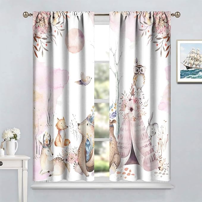 Forest Animal Curtains for Kids, Pink Watercolor Woodland Animal Window Treatments Fox Deer Owl Wildlife Safari Jungle Bear Window Drapes for Girls Nursery Toddler Bedroom 42x54in