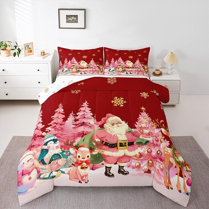 jejeloiu Merry Christmas Comforter Set Queen Size Santa Claus Bedding Set for Kids Boys Girls Cute Deer Duvet Quilt Red Bedroom Decor