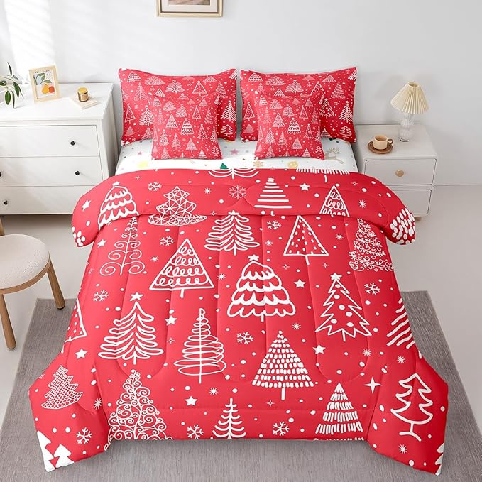 Merry Christmas Bed Set Xmas Tree Cute Comforter Set with Sheets Red Chic Bed in a Bag Kawaii Stars Cartoon Bedding Set Bedroom Collection Full Size