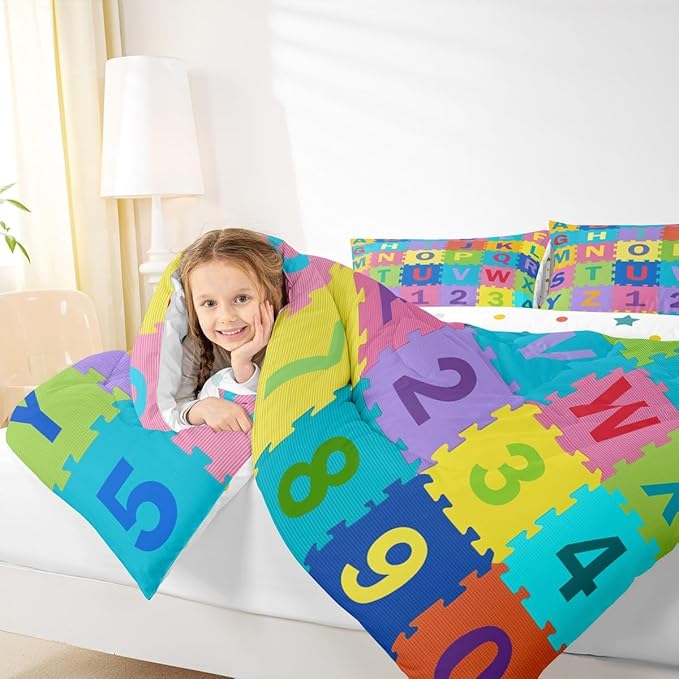 Feelyou Kids Puzzle Alphabet Numbers Comforter Set Queen Size ABC Letters Bedding Set for Kids Boys Girls Educational Duvet Quilt English Learning Bedroom Decor Microfiber 3 Pcs with 2 Pillow Cases