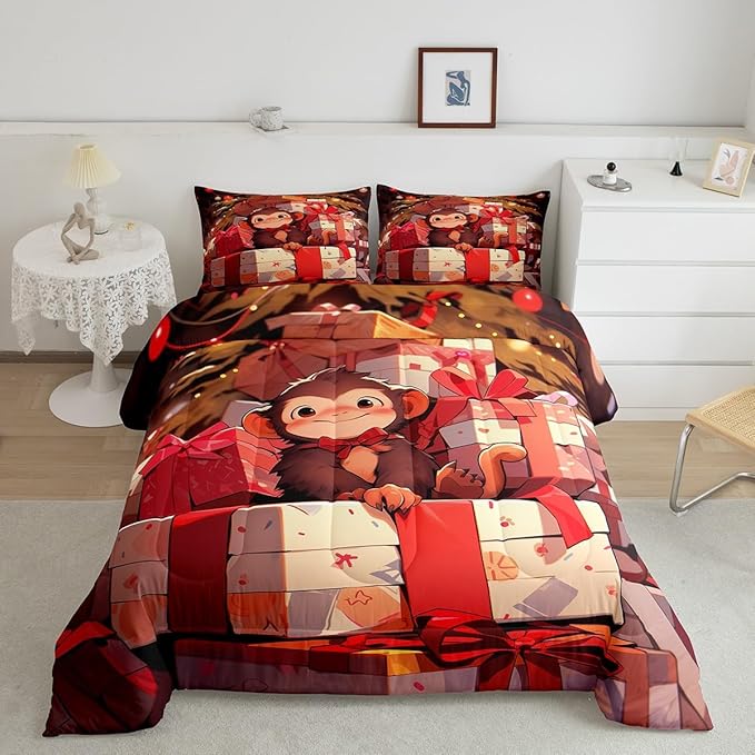Cartoon Cute Monkey Bedding Set Twin Size,Merry Christmas Comforter Set for Kids Boys Girls Room Decor,Xmas Theme Red Luxury Duvet Insert 2Pcs,Animals Microfiber Modern Soft Quilt Set,1 Pillowcase