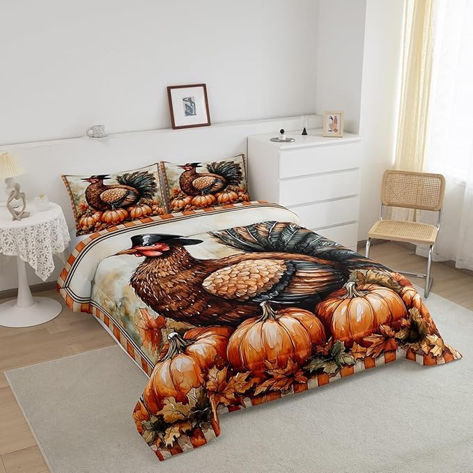 Feelyou Boys Girls Thanksgiving Comforter Cover Twin Size, Fall Autumn Comforter Set for Turkey Duvet Cover Kids Pumpkin Teens Bedspread Cover Bedroom Decor Bed Set 2Pcs