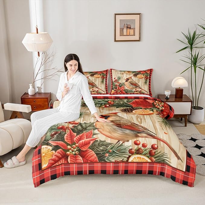jejeloiu Kids Red Cardinal Comforter Set Toddler Christmas Red Black Plaid Flower Bedding Set for Boys Girls Teens Xmas Birds Animal Lemon Winter Wood Plank Duvet Quilt Room Decor