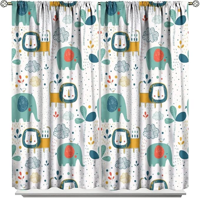 Cute Lions Blackout Curtains for Kids Bedroom,Cartoon Tropical Plants Birds Elephants Print Pattern Window Drapes,Funny Animal Thermal Insulation Curtain for Nursery Baby Room 72x63in