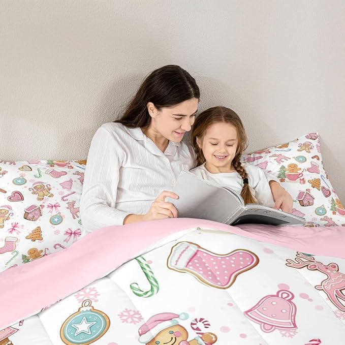 Cute Bow Tie Kids Comforter Set Queen Size,Pine Tree Merry Christmas Elk Deer Bedding Set,Room Decor,Bowknot Gingerbread Man Snowflake Quilt,Pink Colorful Duvet Set Bedroom Quilt Set,2 Pillowcases