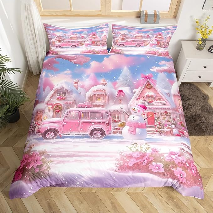 Manfei Christmas Duvet Cover Set Queen Size, Pink Truck Flower Snowman Bedding Set for Kids Girls Room Decor, New Year Theme Comforter Cover, Lightweight Bedspread Cover, 2 Pillowcases, No Comforter