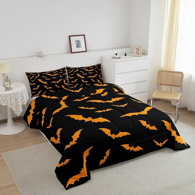 Erosebridal Bat Quilt Happy Halloween Decor Comforter Set Full Size for Kids Boys Youth Gothic Spooky Bedding Set Orange Bats Silhouette Duvet Insert with 2 Pillow Cases