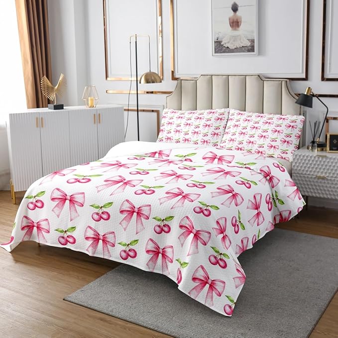 Pink Bowknot Kids Bedspread Queen Size,Cherry Tropical Fruit Cartoon Coverlet Set,Girls Women Room Decor,Bow Tie Butterfly Knot Princess Quilted Coverlet,Dreamy Fashion Bedding Quilt,2 Pillowcases