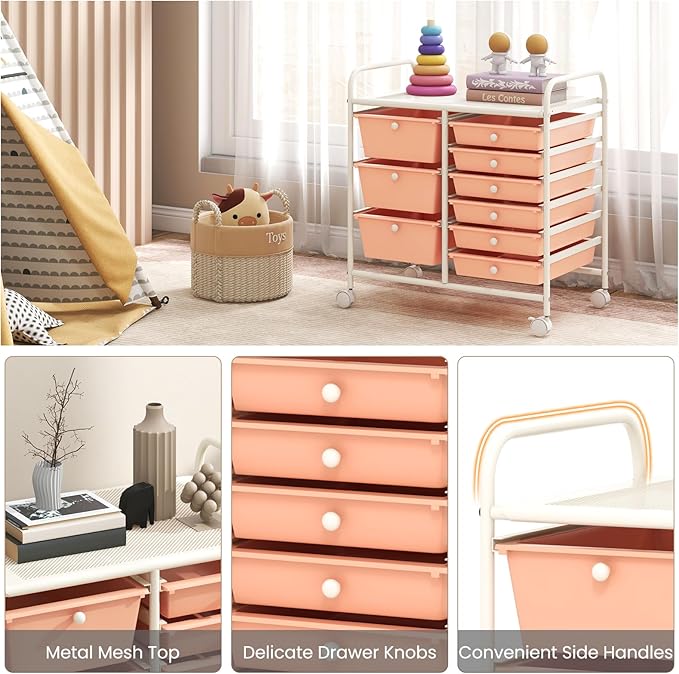 RELAX4LIFE 9 Drawer Rolling Storage Cart - Mobile Drawer Carts for Craft Art Supply Paper Salon, Utility Cart on Wheels for Classroom Teacher School Office, Rolling Cart with Drawers (Pink)