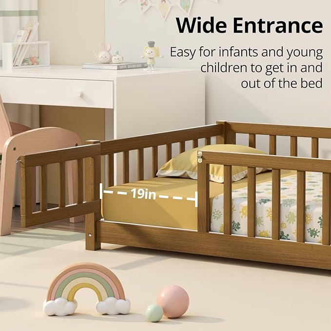 i-POOK Twin Floor Bed Frame with Wood Slats, High Fence & Small Door, Pinewood Montessori Floor Bed for Girls and Boys,Light Espresso
