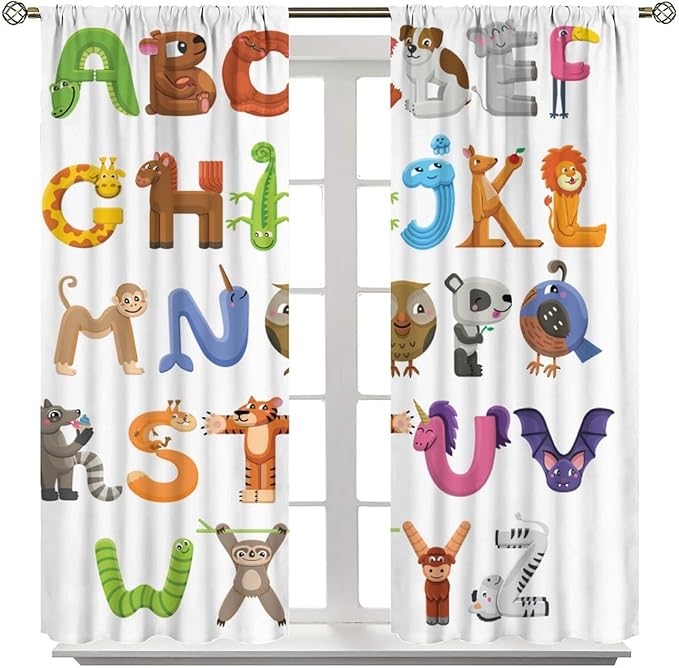 Kids Alphabet Curtains Cartoon Animal Baby Children Funny Learning Educational Curtain with Rod Pocket for Bedroom Nursery Decor Drapes Window Treatments 2 Panels Set 42x45 Inch