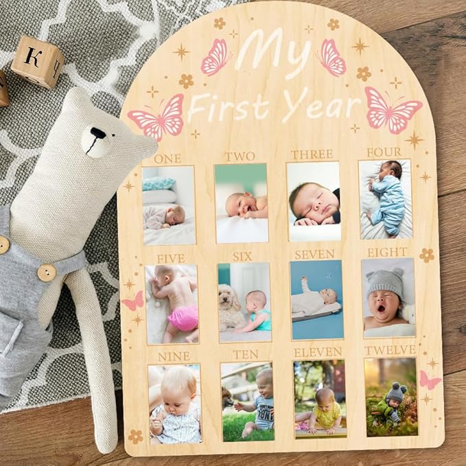 ORIGACH My First Year Baby Growth Photo Display Wood Board - 12 Months Newborn Milestones Picture Frame - Neutral Baby Keepsake Board 1st Birthday Party Nursery Decor New Mom Gift - Pink Butterfly