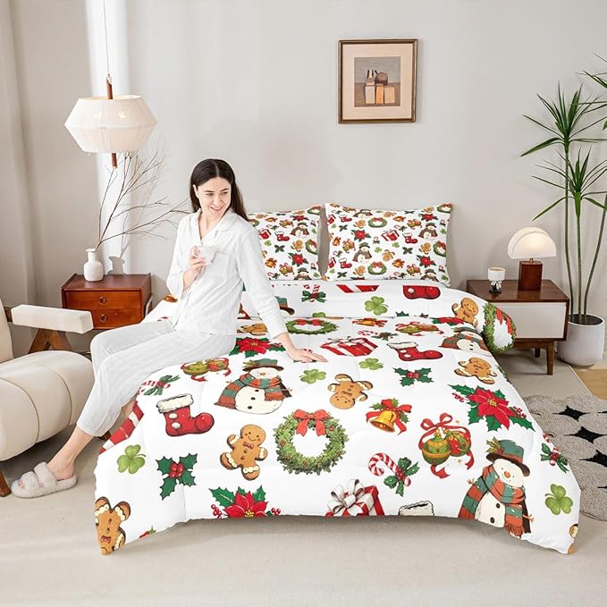 jejeloiu Merry Christmas Comforter Set Full Size Cute Snowman Bedding Set for Kids Boys Girls Gingerbread Man Duvet Quilt White Bedroom Decor