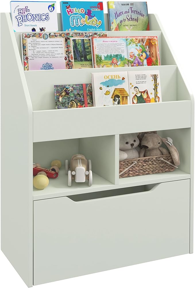 HOMCOM Kids Bookcase Multi-Shelf Rack Organizer with Storage Drawer for Books, Playroom, Pale Green