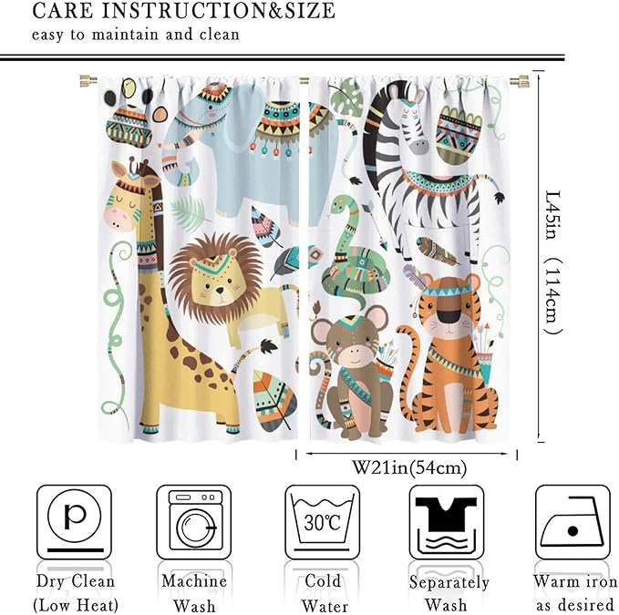Jungle Tribal Animals Curtains, Southwest Aztec Cartoon Funny Zoo Animals Giraffe Lion Elephant Zebra Tiger Print Thermal Insulation Window Drapes for Kids Boys Girls Bedroom Living Room 42x45 Inch