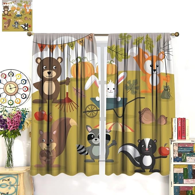 Cartoon Curtains, Jungle Animals Autumn Fun Pattern Blackout Window Treatments, Rod Pocket Thermal Insulated Drapes 2 Panel Sets for Children Boys Bedroom Nursery Classroom, 55" W X 63" L