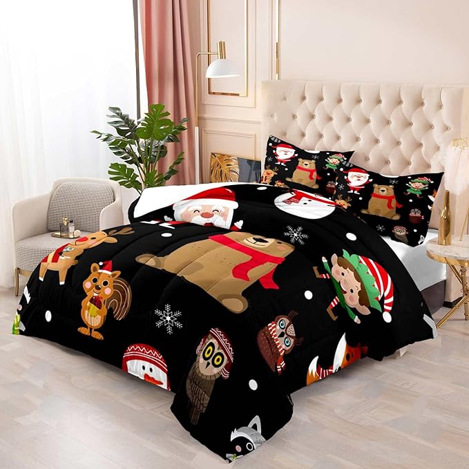 LUVIVIHOME 3PCS Merry Christmas Comforter Set King Size, Boys Girls Kids Bedding, Black Quilt, Funny Cute Cartoon Santa Claus Elf Owl Elk Reindeer Squirrel Xmas Christmas Bedroom Decor, 2 Pillow Shams