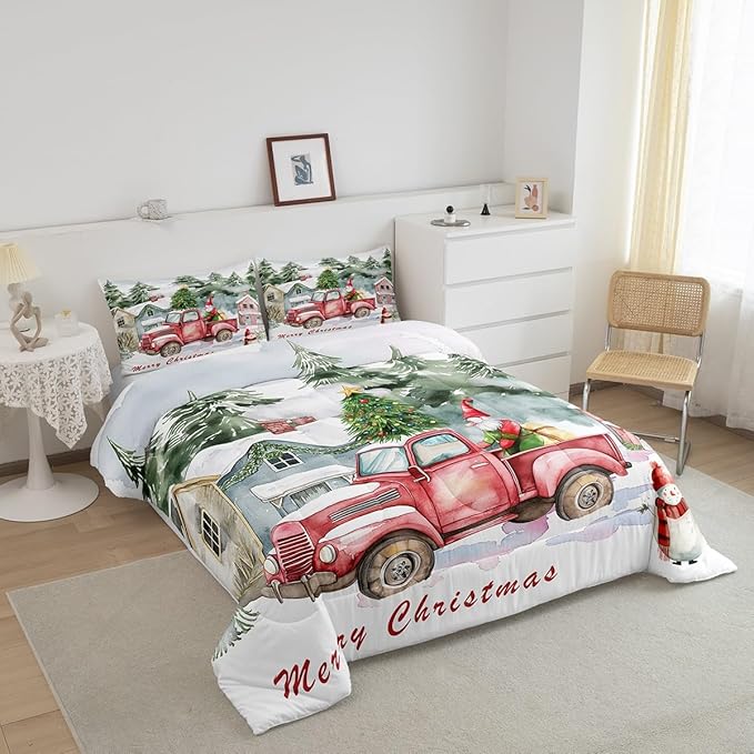 Red Old Truck Comforter Set Queen Size,Christmas Tree Gnome Bedding Set for Kids Boys Girls Room Decor,Snowman Winter Rustic Style Duvet Insert 3Pcs,Merry Christmas Retro Quilt Set,2 Pillowcases