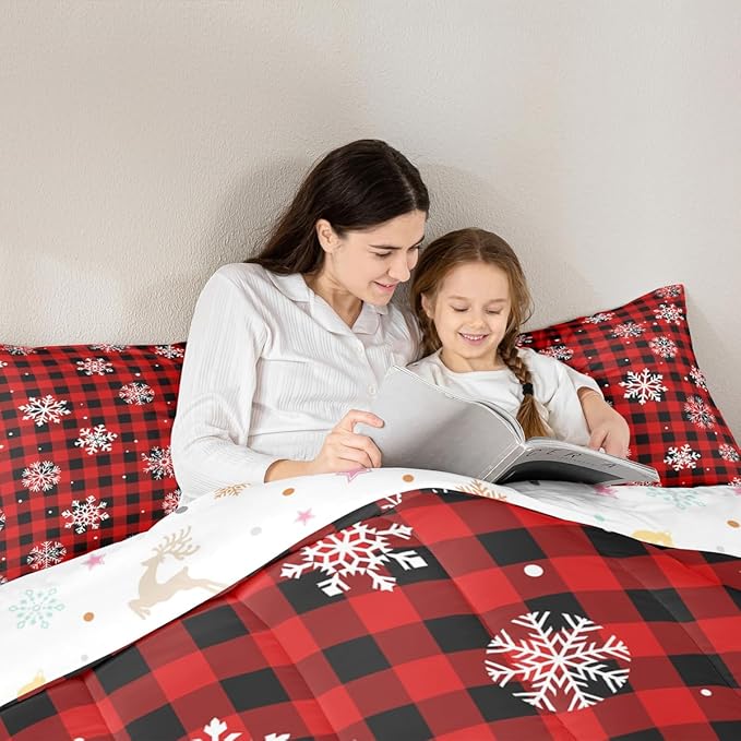 Feelyou Christmas Kids Comforter Set Twin Size Snowflake Red Bedding Set Red Black Plaid Duvet Quilt for Kids Boys Girls Bedroom Winter Snow Decor Microfiber Ultra Soft Breathable